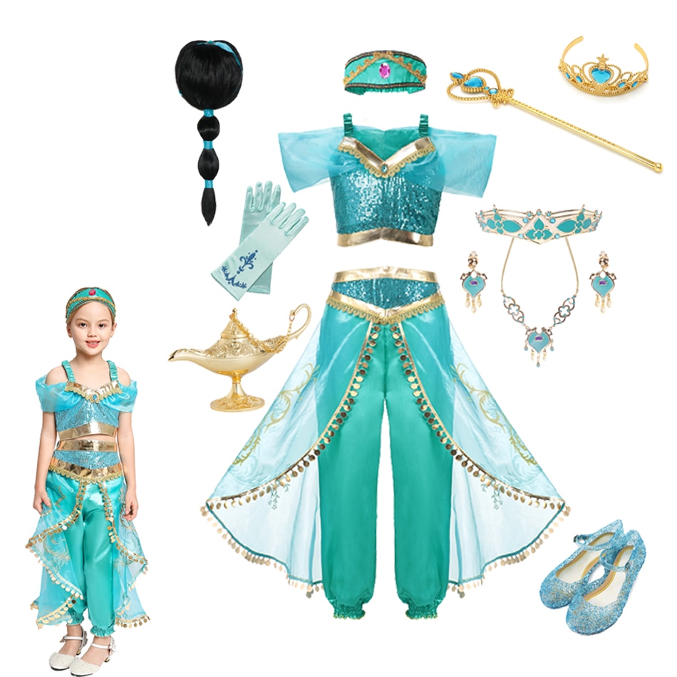 Disney Jasmine Princess Costume For Girls Dress Halloween Party Carnival Cosplay Aladdin Agic Lamp Kids Clothing Set Outfits