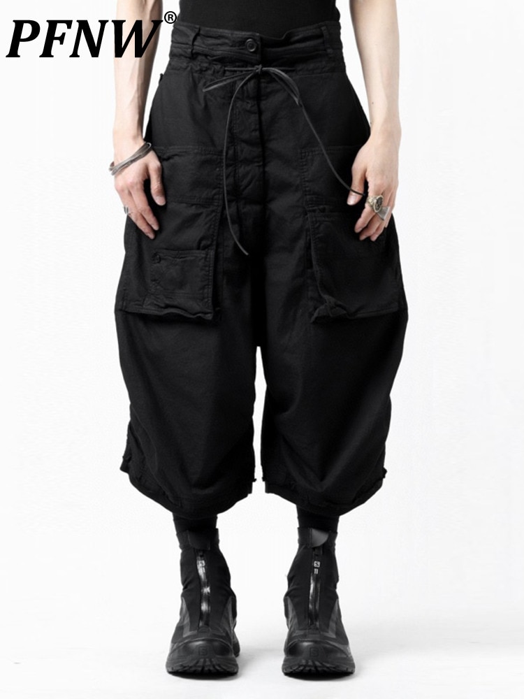 PFNW Darkwear Style Wax Coating Asymmetric Multi Pocketscalf-length Pants Casual Overalls Men's Fashion Tide Niche 12A4620