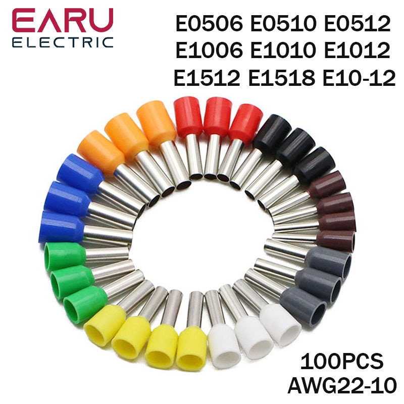 100Pcs/Pack E1006 E0506 E1012 E1512 E1518 Insulated Ferrules Terminal Block Cord End Wire Connector Electrical Crimp Terminator