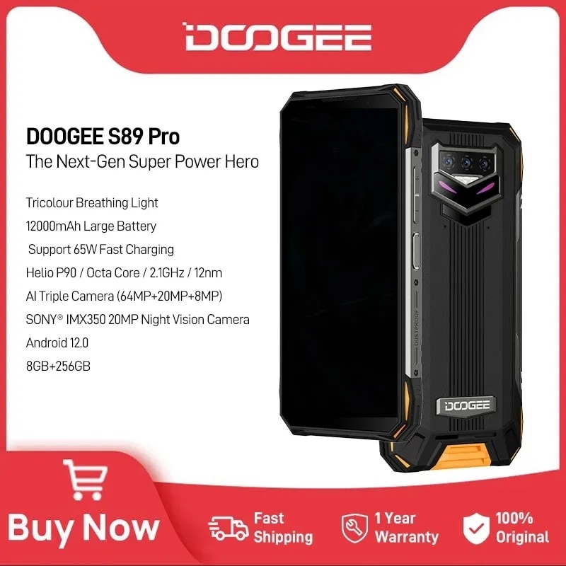 DOOGEE S89 Pro Helio P90 64MP Camera 12000mAh Battery 65W Fast Charging Rugged Phone 8+256GB Android 12 Night Vision Smartphone