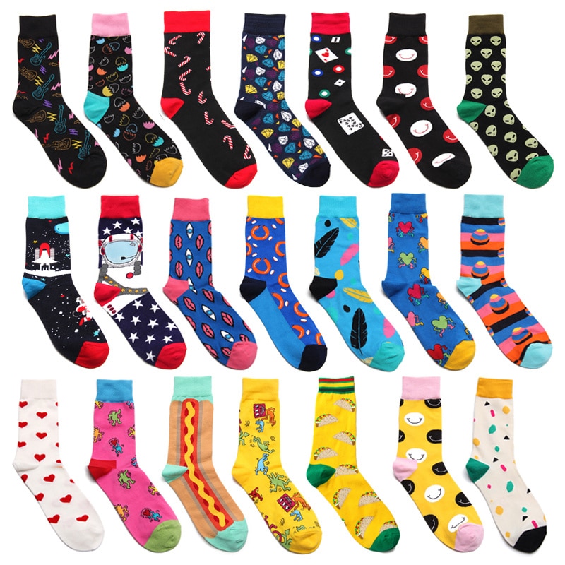 Peonfly Men Fashion Cartoon Guitar Poker Feather Burger Love Happy Funny Casual Harajuku Hip Hop Street Style Skate Cotton Socks
