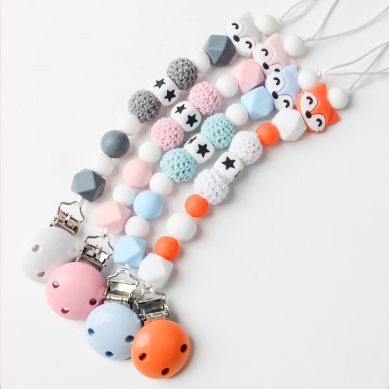 Baby Pacifier Clip Cute Cartoon Star Fox Teether Toy Anti-drop Fixed Chain Handmade Crochet Yarn Ball Newborn Teething Products