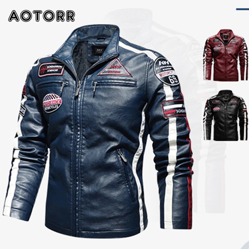 Leather Jacket Men Winter Embroidered Bomber Coat Male Casual Fleece Motorcycle PU Jacket Windbreaker Slim Outwear Plus Size