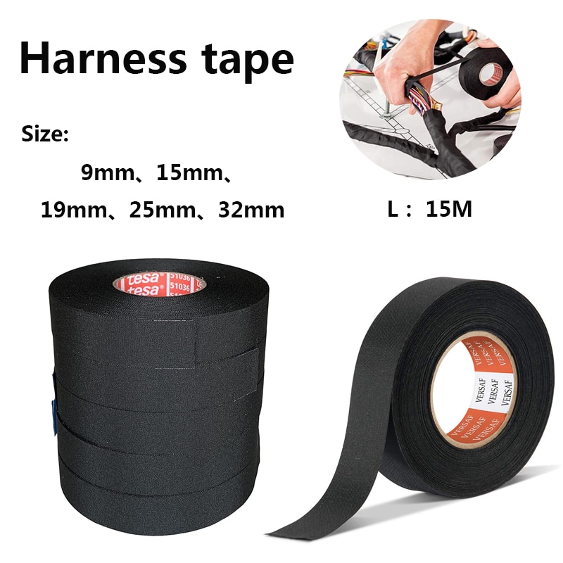 A Roll 15M Adhesive Cloth Fabric Tape Cable Looms Wiring Harness For Car Auto Black Wiring Harness Width 9/15/19/25/32MM