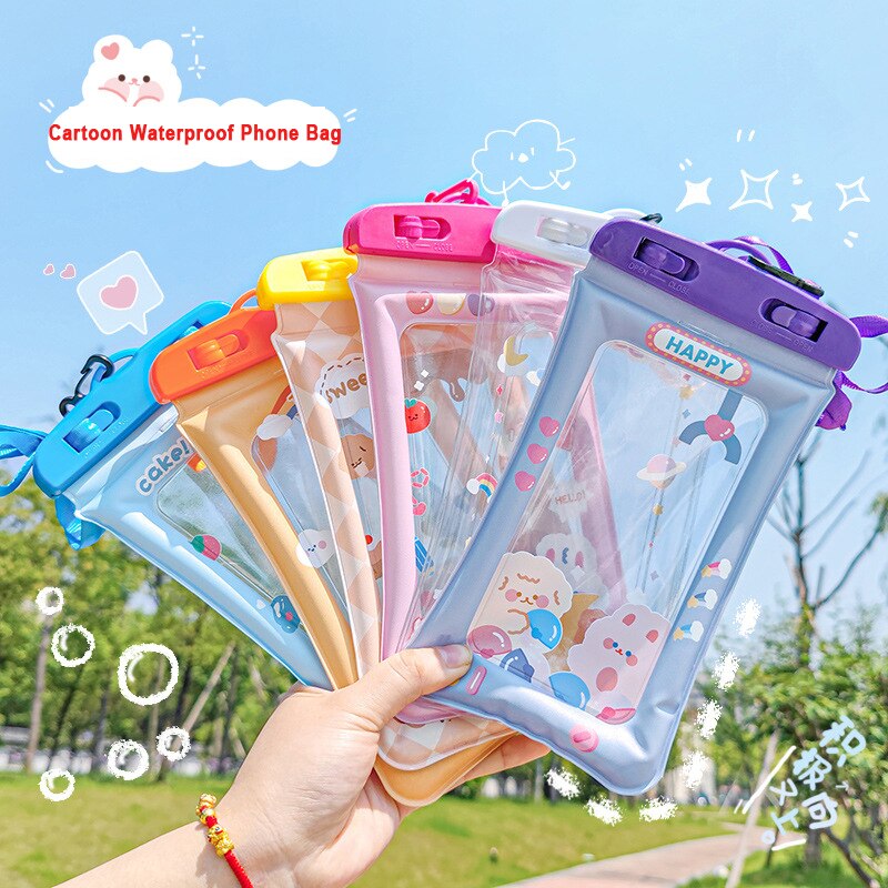 2022 Fashion Waterproof Mobile Phone Bag Cartoon Unlock Floating Swimming Phone Pouch Outdoor Beach Diving Lanyard Water Bag