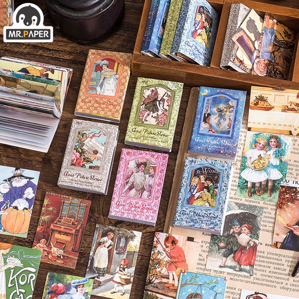 Mr.paper 6 Styles 50Pcs/Book Vintage Pictorial Sticker Book Literary Illustration Hand Account Decorative Stationery Stickers