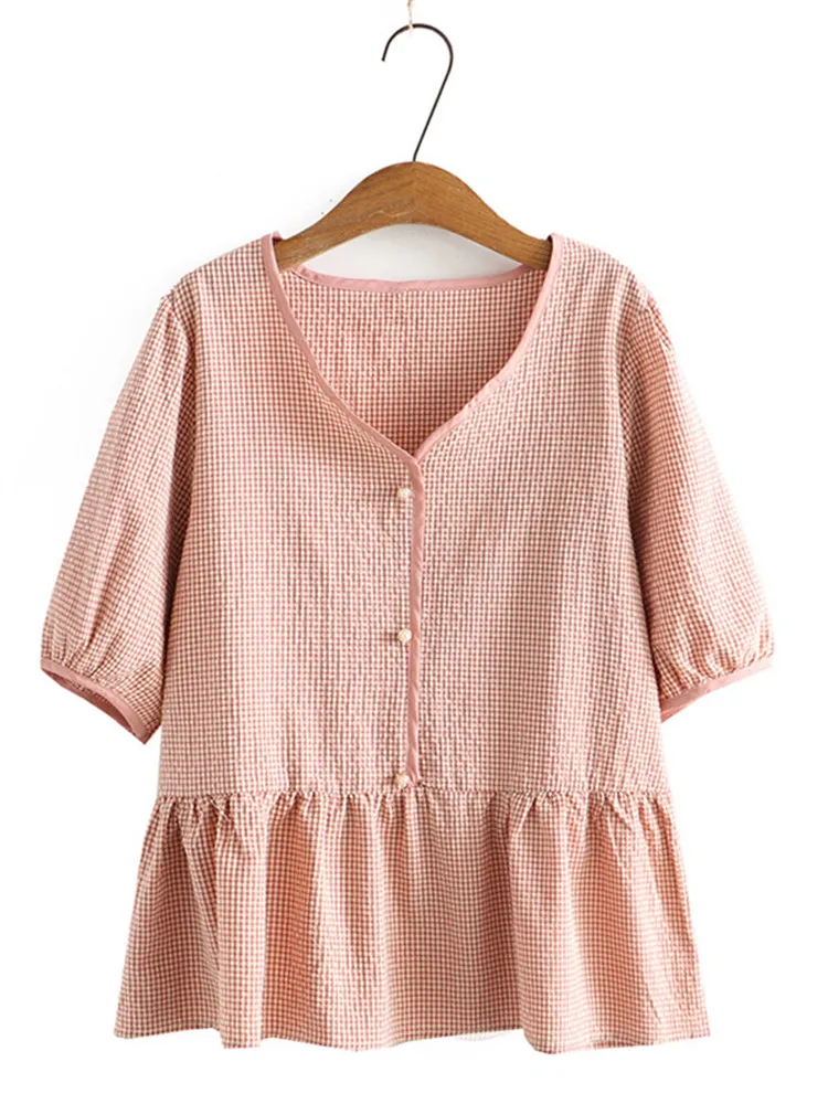 Plus Size Women's Clothing In Summer Wear Short Sleeve Cotton Small Square Pullover With Three Button Large Size Thin Loose