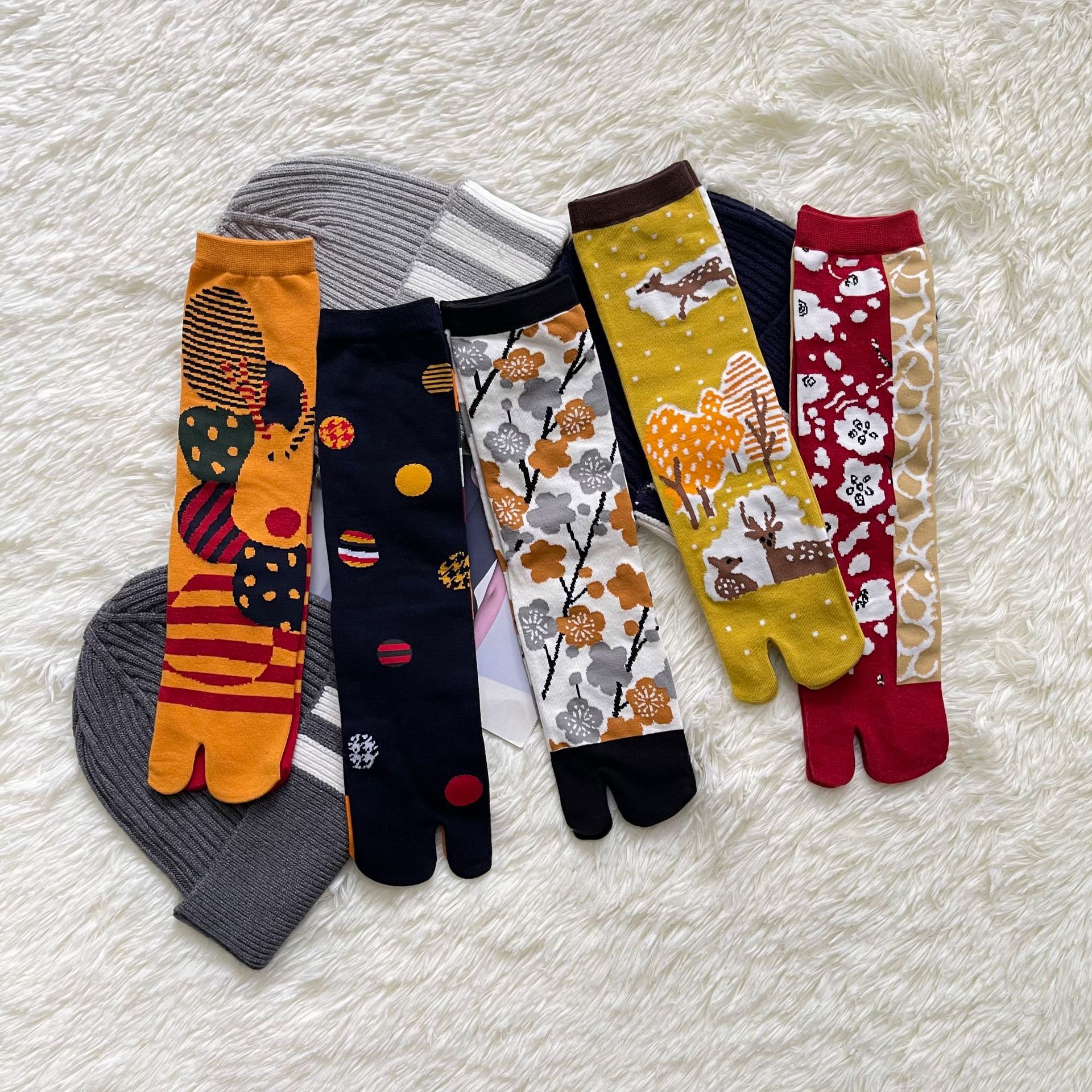 Socks Two Finger Women Men Cotton Art Design Color Printed Long Deodorant Kawaii Harajuku Designer Japanese Clog Split Toe Socks