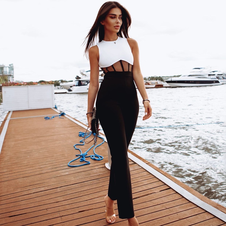 2022 New Women's fashion Sleeveless O-neck Mesh Patchwork Bandage Jumpsuit Bodycon Celebrity Club Party Runway Jumpsuit