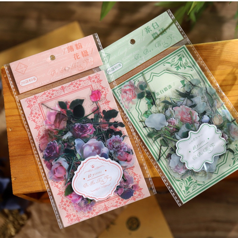 40Pcs / Bag Retro Plant PET Sticker Pack Natural Flower Hand Account Material Stickers Stationery Stickers Junk Journaling
