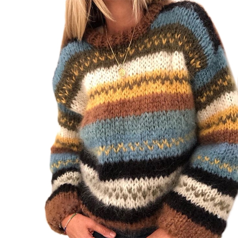 Women Autumn Long Sleeve Loose Sweater Crew Neck Vintage Contrast Colored Striped Pullover Top Thick Warm Crochet Knitted Jumper