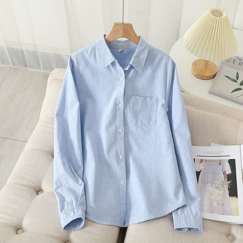 Casual Cotton Women's Oxford Shirt 2022 Autumn New Good Quality Woman Blouse and Tops Lady White Blue Striped Shirts Clothe