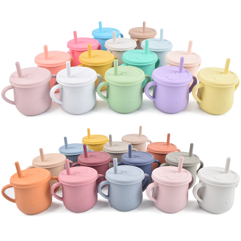 200ML Baby Silicone Cup with Straws Drinkware Baby Drinking Learning Cup Feeding Sippy Cup Anti-Hot Leakproof Silicone Water Cup