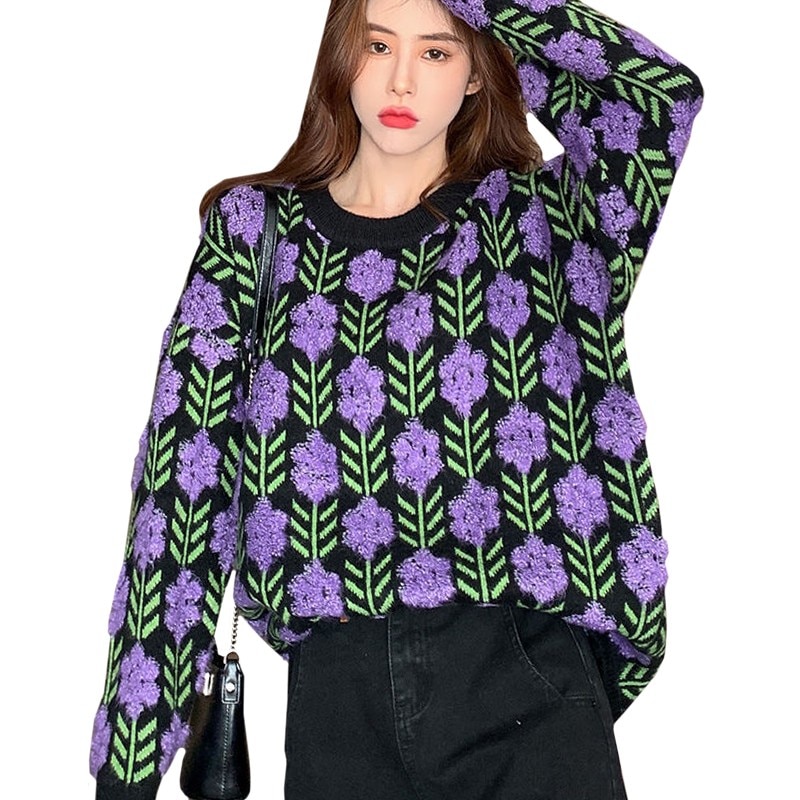 Purple Lavender Jacquard Women Sweater Fashion Trends Loose Long Sleeve Y2k Lady Knitwear Harajuku Eur-us Pullover Female 2022