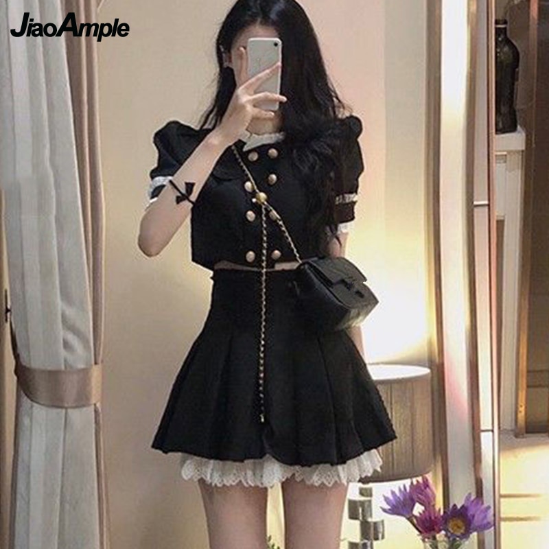 Women's JK Preppy Style Short Double Button Tops Mini Lace Skirts Two Piece Dress Set Summer 2023 Lady Student Black Unifor