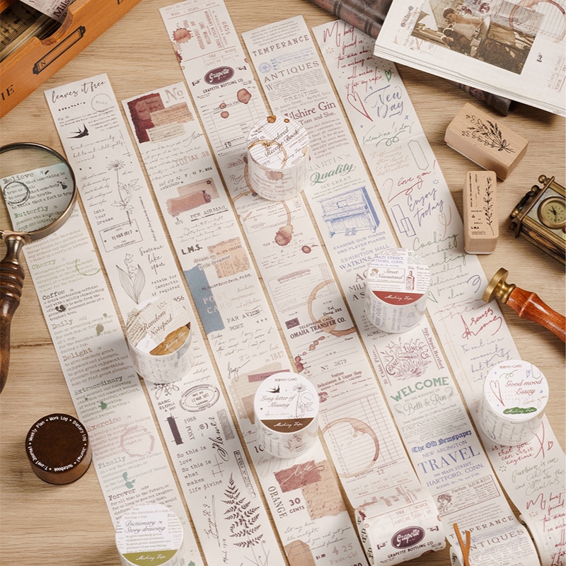 Yoofun 4.5cm x 3m Vintage Letter Washi Paper Masking Tape for Collage Junk Journal Scrapbooking Decor Material Paper Retro Tape