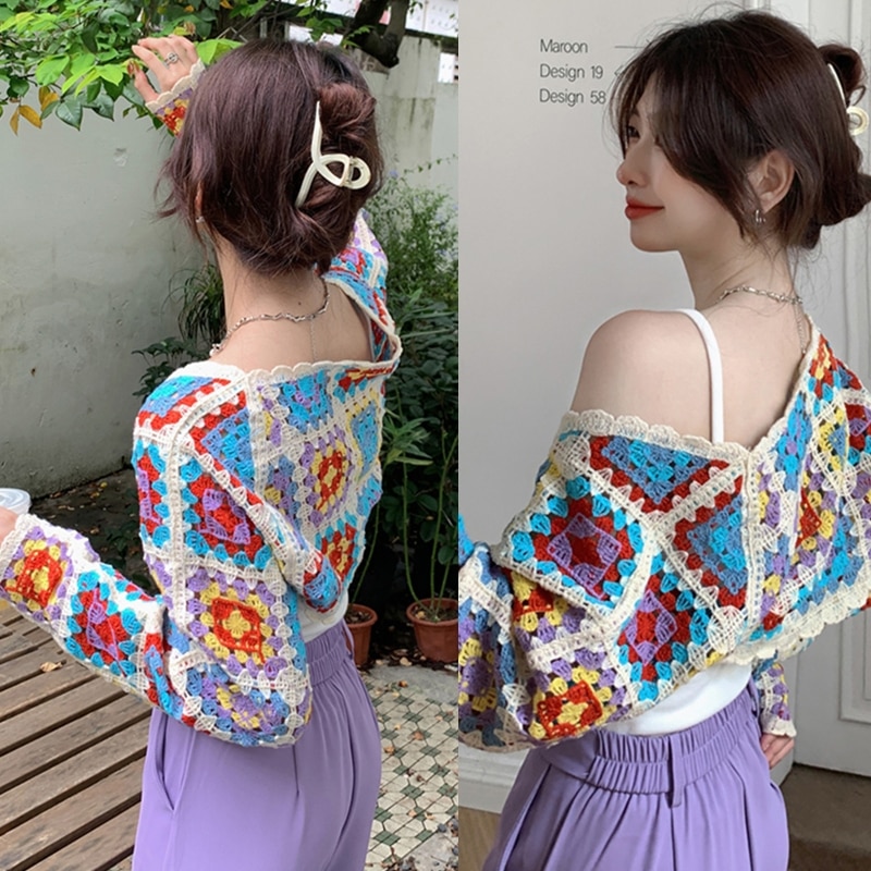 Women Hollow Crochet Cardigan Colorful Knit Sweater Coat Jacket Long Sleeve Tops