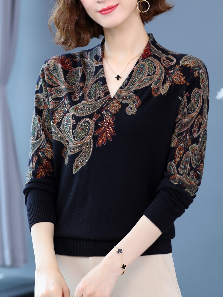 3 Colors Print Women's Sweaters 2022 New Autumn Women Clothing Pullover Long Sleeve Tops Femme Soft V Neck Slim Knitted Swe