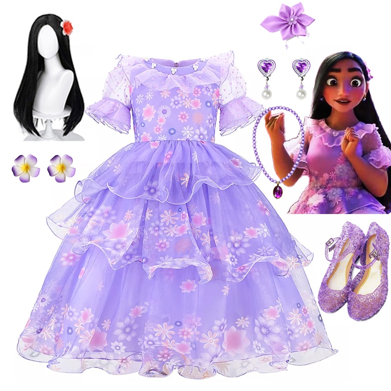 Disney Encanto Princess Girls Isabela Marigal Dresses Kids Carnival Party Costume Children Cosplay Halloween Birthday Mesh Dress