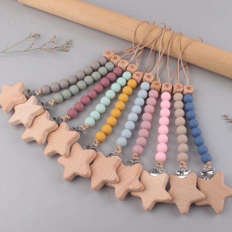 Safety Wooden Baby Infant Toddler Dummy Pacifier Silicone Soother Nipple Clip Chain Holder Strap Baby Chew Baby Teether Teething
