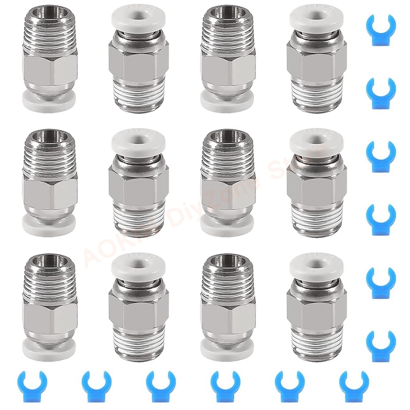 12Pcs PC4-M10 Male Straight Pneumatic Push in Quick Fitting Connector M10 with Clips for E3D-V6 Long-Distance, for Ender 3 CR10