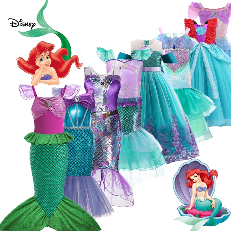 Disney Girls Little Mermaid Ariel Charm Princess Dresses Cosplay Kids Costume Carnival Party Children Halloween Dress Up Clothes