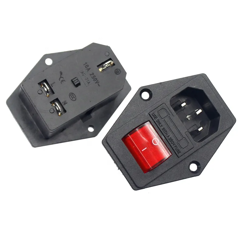 IEC320 C14 Plug Adapter AC New Style integrated Power Socket Inlet With Cover Fused Rocker Switch 4 PIN Socket Connector