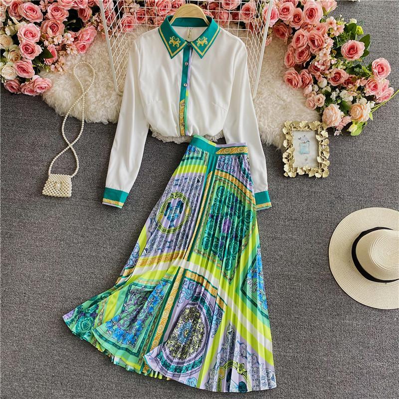 Spring Fashion Runway Midi Skirt Sets Women's Long Sleeve Contrast Color Green White Shirt and Pleated Skirts Two Piece Sui
