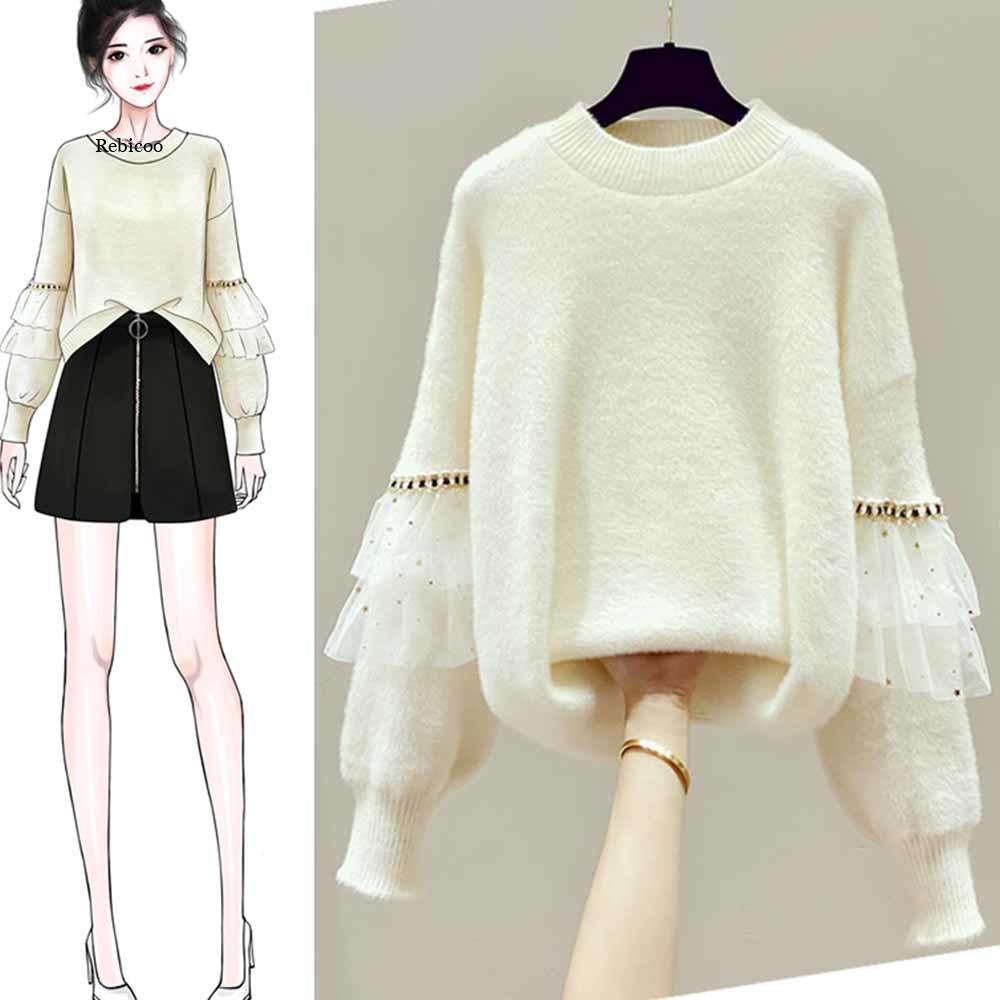 Women Sweater Pullovers Elegant Knitwear White Chic Sweaters Patchwork Knit Jumpers Velvet Fake Fur Pull