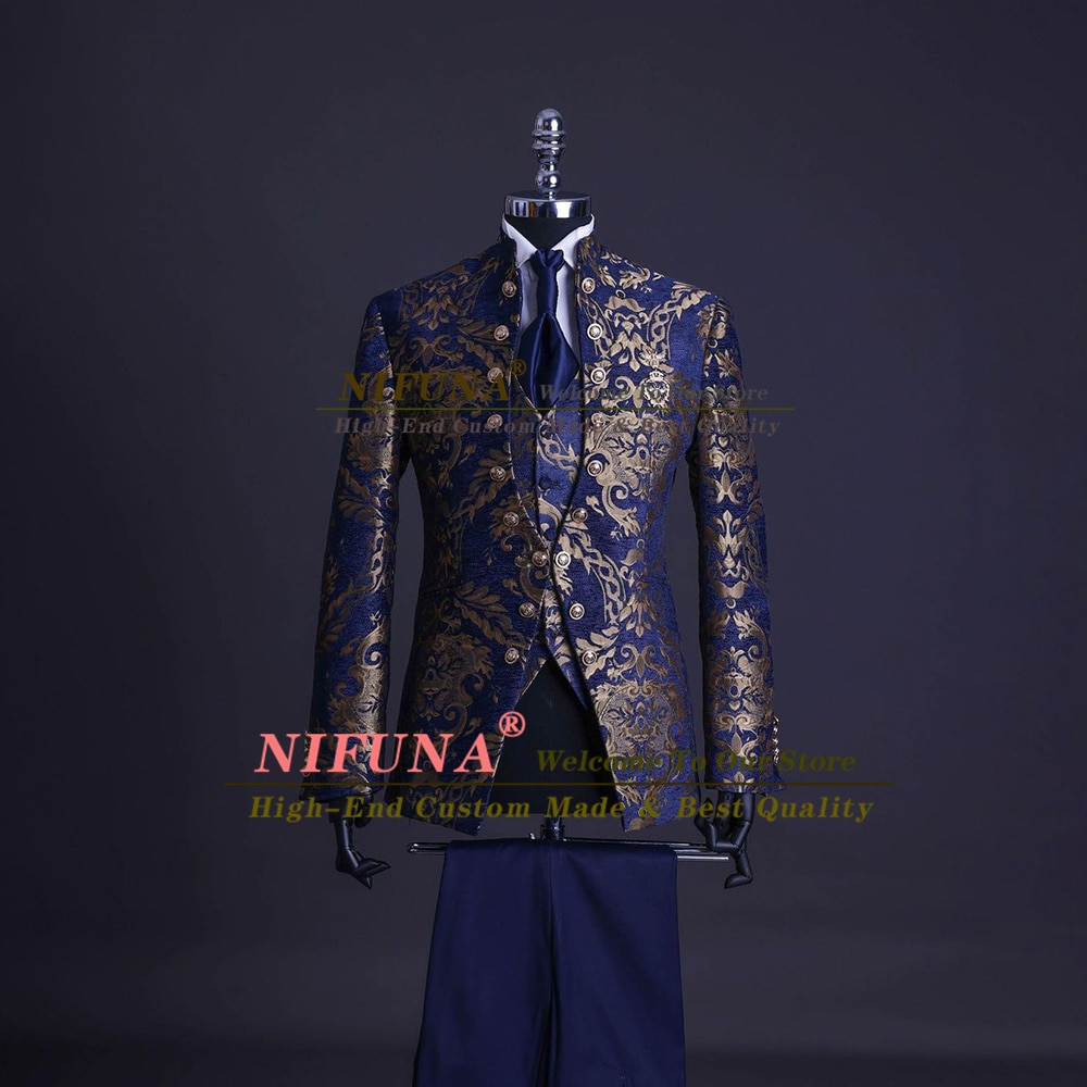 Gold Jacquard and Navy Blue Tuxedo Suits for Men Wedding Groom Party/Evening Suits Slim Fit 3Pcs Jacket+Vest+Pants Costume Homme
