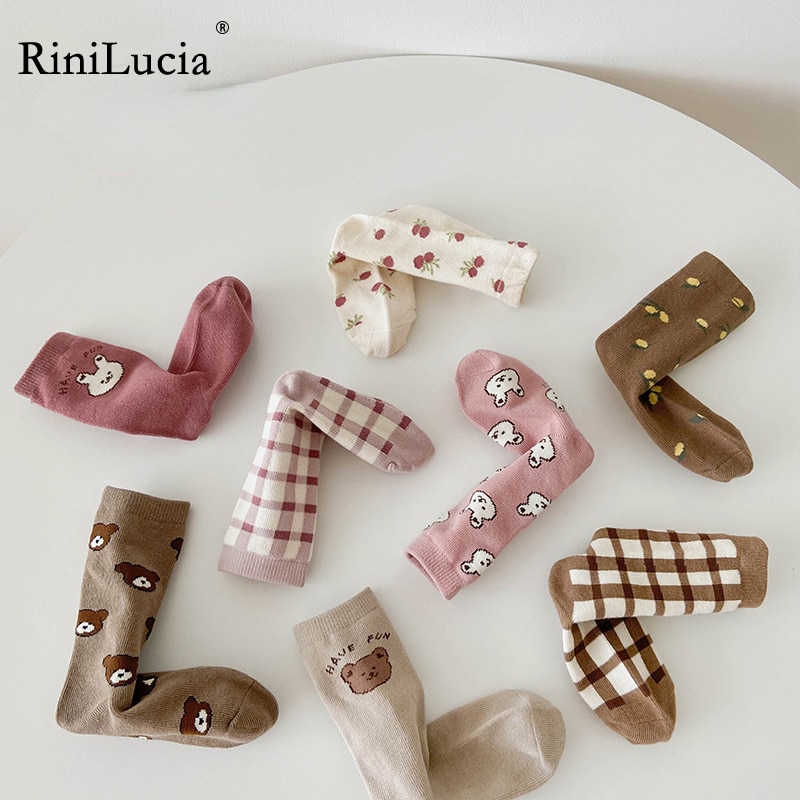 RiniLucia 4Pairs Children's Socks Autumn Cotton Cartoon Animal Baby Socks Fashion Girls Cute Newborn Boy Toddler Kids Socks