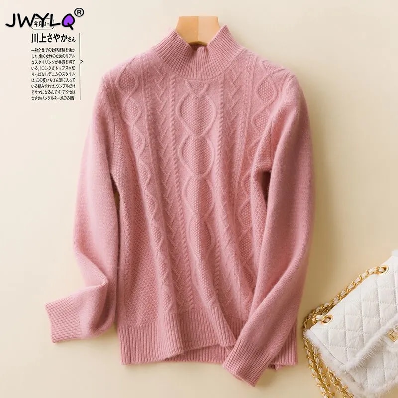 Autumn Winter Twist Half High Collar Thick Pullover Sweater Women Solid Color Warm Long Sleeves Knitwear Sweater Loose Sweater