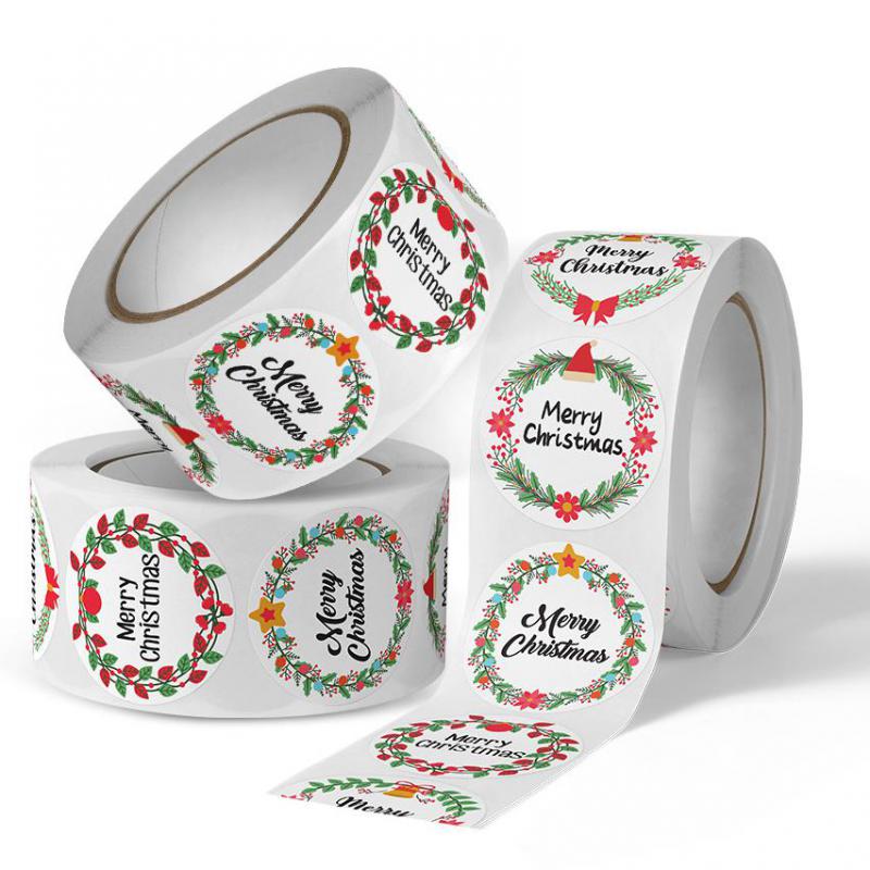 500pcs Merry Christmas Holiday Stickers,Wreath Adhesive Stickers for Christmas Cards Envelopes Seal Gift Tags Party Decoration