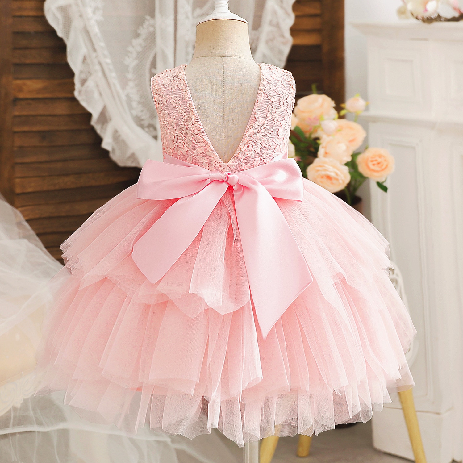 Flower Girls Dress 2-6 Yrs Backless Lace Girls Princess Dresses Sleeveless Wedding Birthday Party Evening Gown Baby Summer Dress