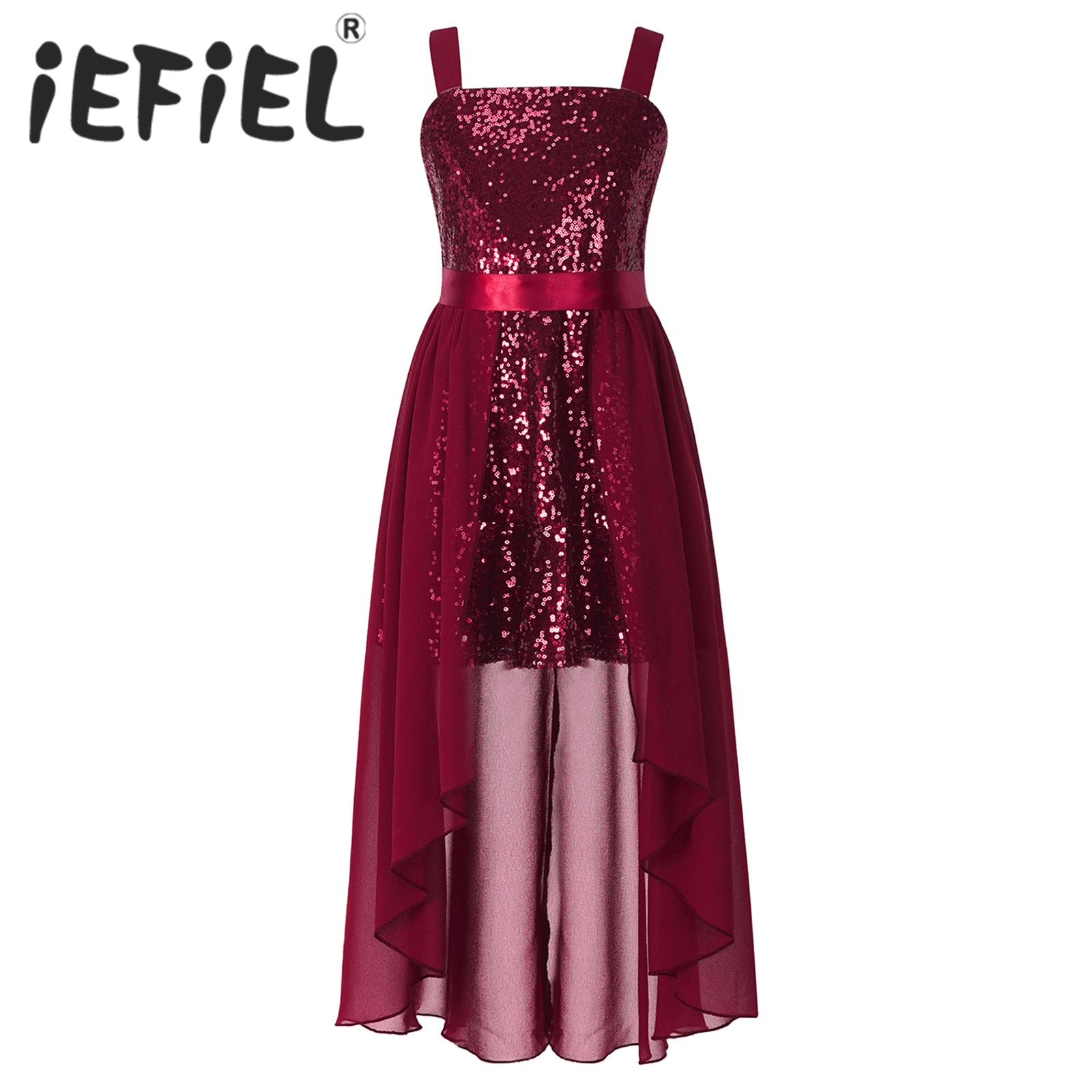 Kids Girls Shiny Sequin Birthday Party Dress Sleeveless Chiffon Leotard Dress with Satin Sash for Wedding Prom Stage Performance