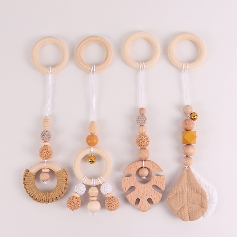 4 Pcs/Set Baby Gym Frame Stroller Hanging Pendants Wooden Ring Teether Molar Teething Nursing Rattle Toys Gifts Infant Room Deco