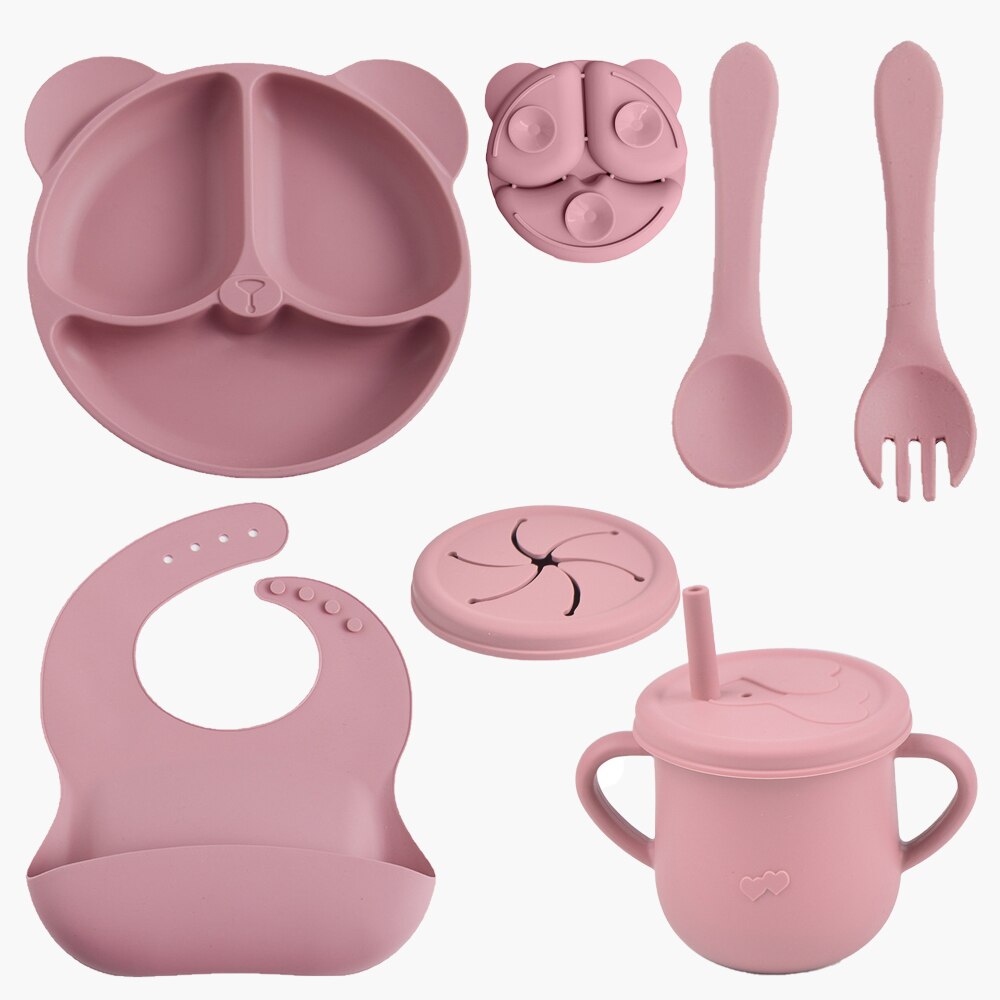 5PC Silicone Baby Feeding Set Bear Suction Plates for Babies Silicone Spoon Fork Waterproof Bibs Sucker Baby Feeding Bowl Kids