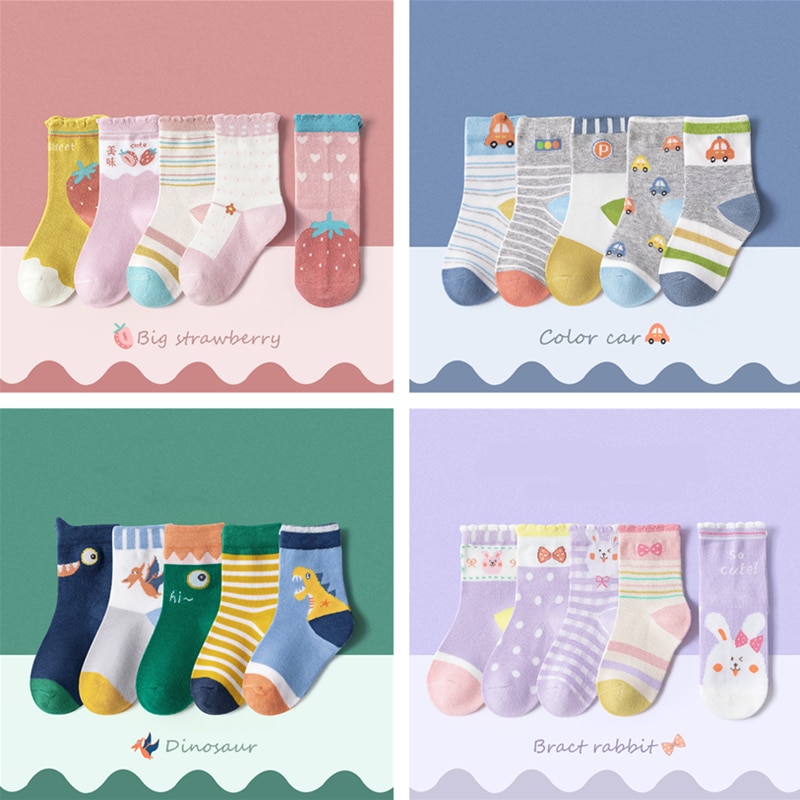 5Pairs kids Baby Socks children boy Girls students socks Cotton Cute Newborn Boy crew Socks Baby animal fruit candy color socks