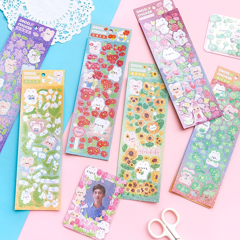 2 Pcs Colorful Stickers Korean Sticker Cartoon Flower Bear Self-adhesive Decorative Diy Sticker For Scrapbooking Planner Journal