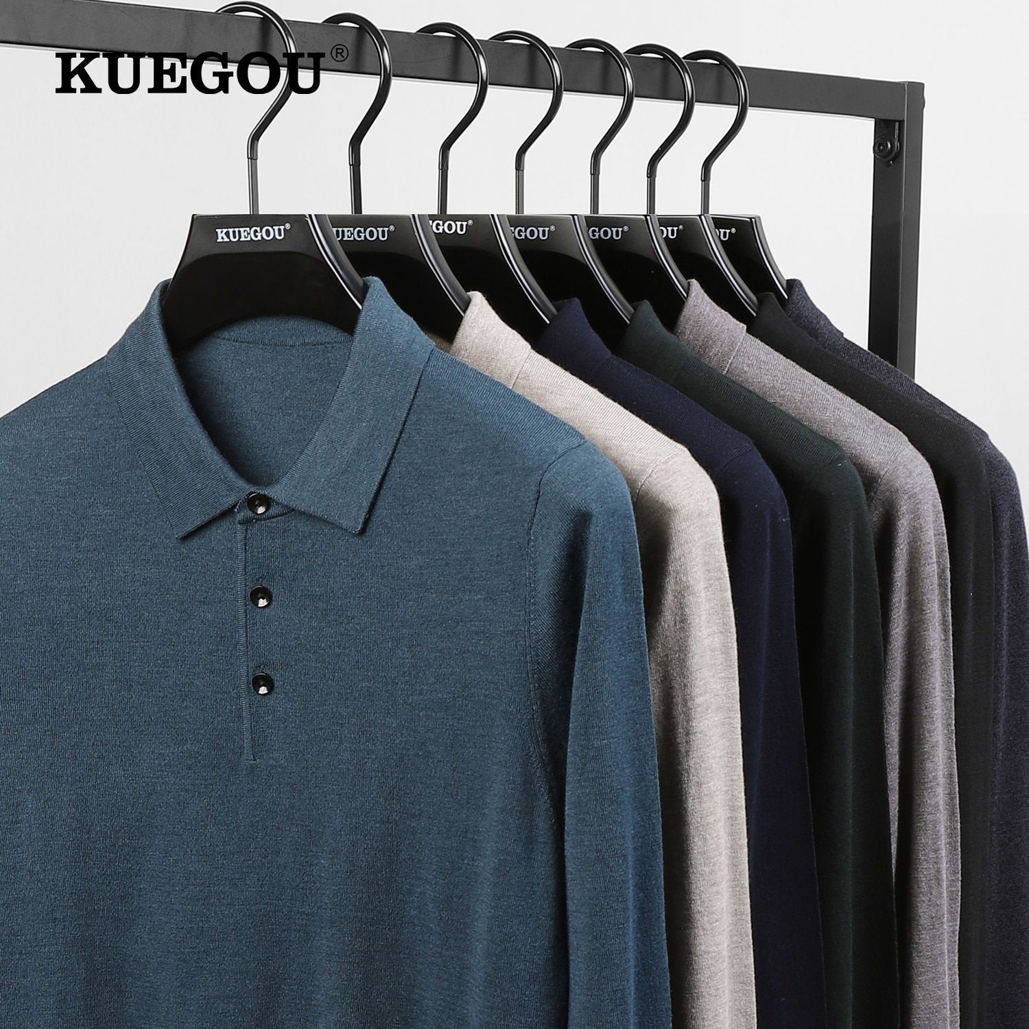 KUEGOU 2022 Autumn Winter New Men Sweater Polo Shirt Collar Long Sleeves Pullovers Quality Slim Knitted Wool Blend Warm Top 721