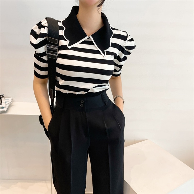 Chic New Striped Knitted Tops Women Thin Sweater Summer Turn Down Collar Short Sleeve Ladies Pullivers Casual Knit Blouse I497