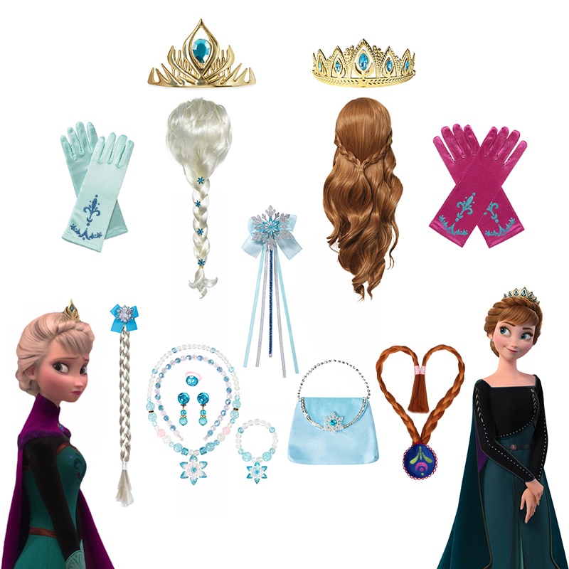Girls Frozen Anna Elsa Princess Dress up Accessories Crown Wig Gloves Magic Wand Necklace Kids Party Cosplay Elsa Anna Headband