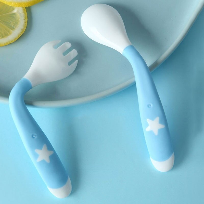 2pcs/set Children Kids Tableware Portable 360° Flexible Spoon Fork for Baby Girl Boy Toddler Soft Safety Handle Feeder BPA Free
