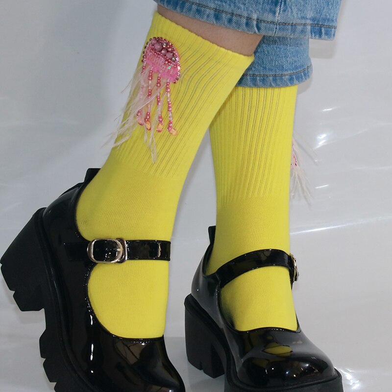 Cartoon Jellyfish Adorn Girls Socks Women Cotton Sock with Medium Tube Fashion Trend Personality