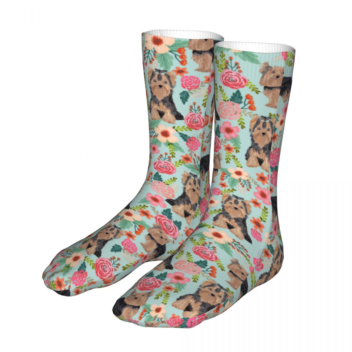 Fashion Socks Male Mens Women Hip Hop Yorkshire Terrier Dog Vintage Florals Socks Animal High Quality Socks Spring Summer Autumn