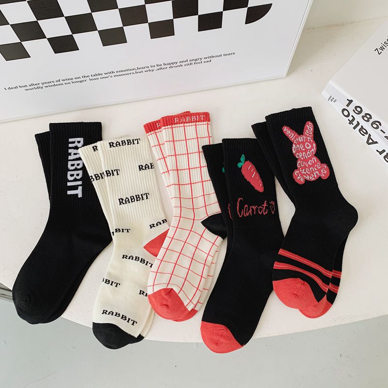 Chic Fashion Letter Checkered Rabbit Carrot Novelty Women's Long Socks Autumn Winter Cozy Cotton Contrast Color Sport Tide 
