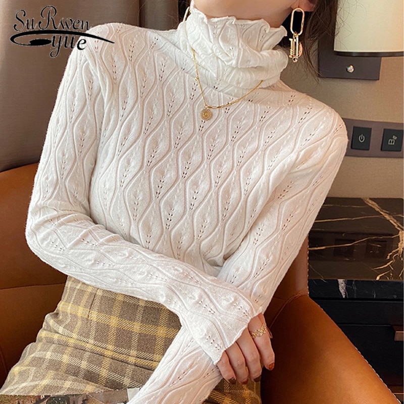 High-necked bottoming shirt women wear pile-up collar knitted sweater autumn and winter 2022 new hollow woman sweater 22686