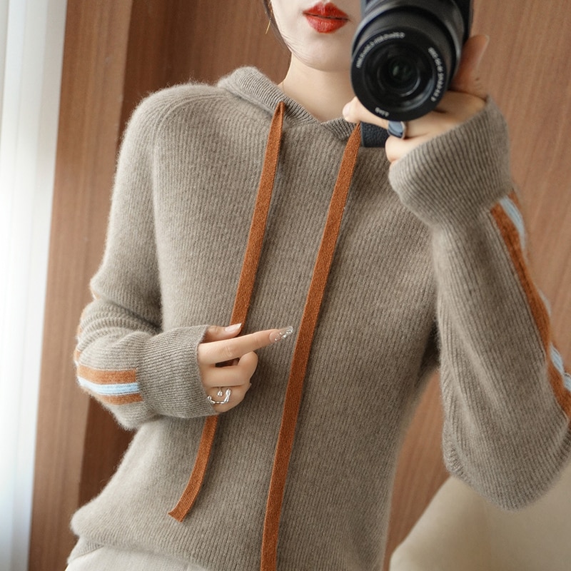 2022 Spring Winter 100% Pure Wool Sweater Women Knitted Hooded Pullovers Loose Lady's Grade Up Jumper Long Sleeve Soft Warm