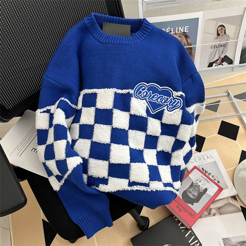 Women Winter Long Sleeves Sweater Oversized Y2k Korean Fashion Loose Tops Knitting Aesthetic Harajuku Plaid Streetwear Clothes
