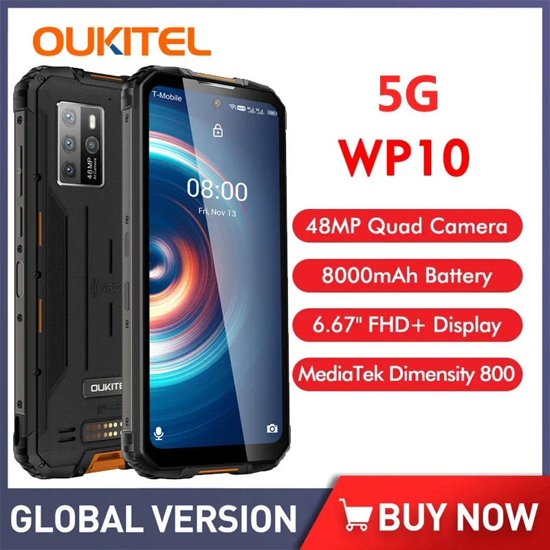 Oukitel-WP10 5G Rugged Smartphone, 8000mAh Battery, 6.67 "FHD Screen Display Phone, 8GB + 128GB, IP68 Waterproof, NFC Phone